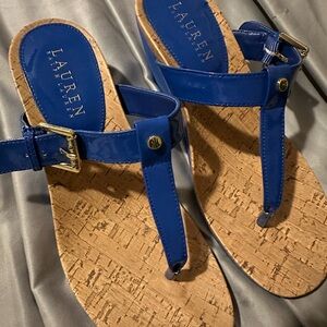 Lauren Ralph Lauren Blue Wedge Sandals with T-strap Design and Cork Sole